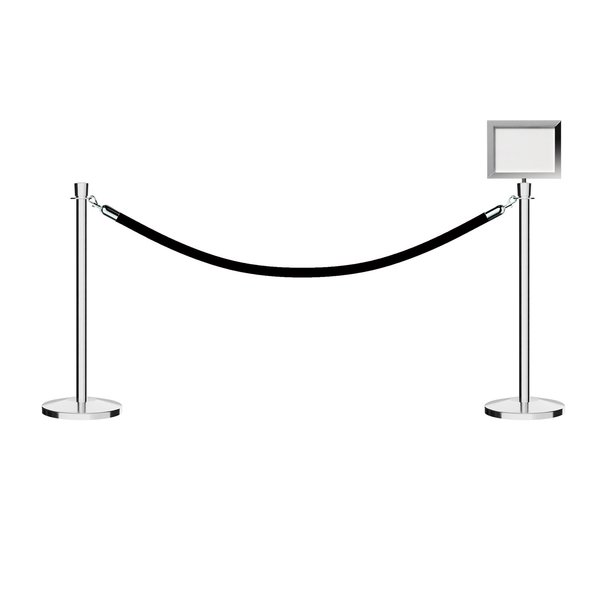 Montour Line Stanchion Post and Rope Kit Pol.Steel, 2CrownTop 1Blk Rope 8.5x11H Sign C-Kit-1-PS-CN-1-Tapped-1-8511-H-1-ER-BK-PS